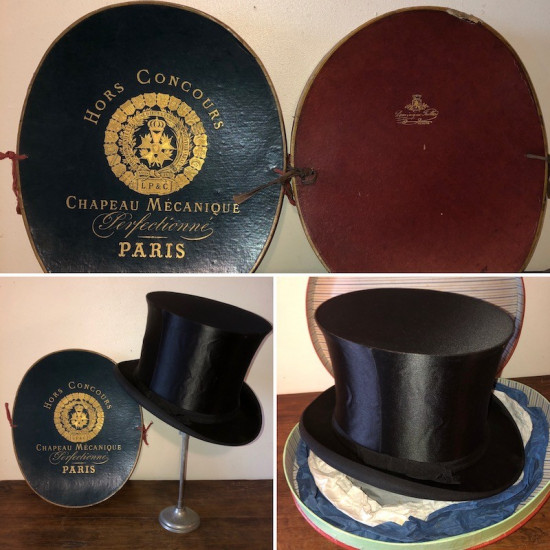 2 anciennes boîtes à chapeau claque + 1 chapeau claque | Chapeau mécanique Paris