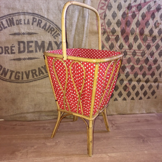 Vintage rattan worker | Red fabric with white dots