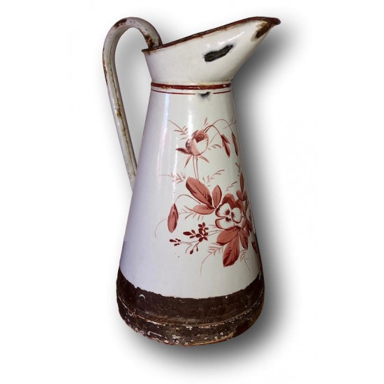 Ancien broc à eau émaillé | Blanc, marron | Décor floral | Art populaire