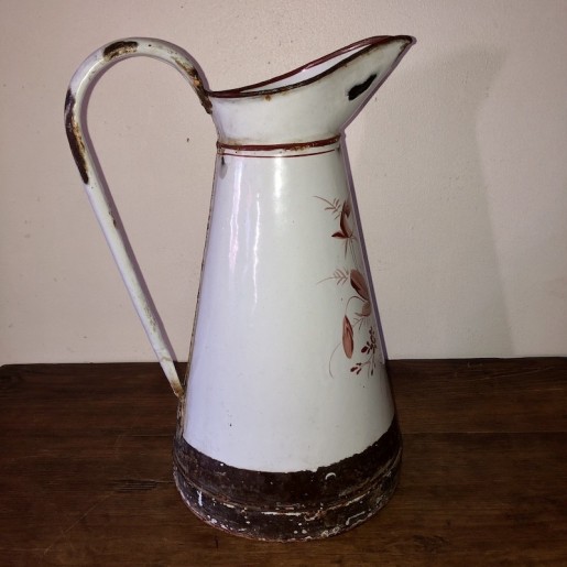 Old enamelled water pitcher | White, brown | Floral decor | Folk art