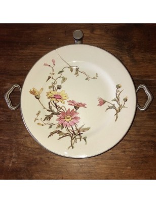 Old earthenware and pewter heating plate | Old porridge plate