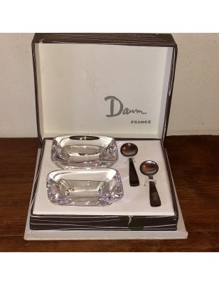 Ancien coffret de salerons Daum France et cuillères en métal argenté Ercuis