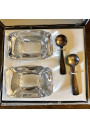Old box of Daum France salerons and Ercuis silver-plated spoons