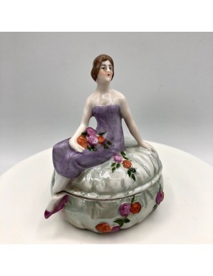 Old woman seated porcelain jewelry box | Vintage jewelry box