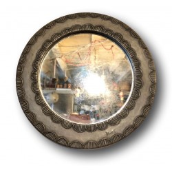 Old artist's pewter mirror | Round mirror signed | Vintage mirror