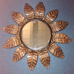 Ancien miroir soleil en bois | Miroir vintage | Rayons feuilles