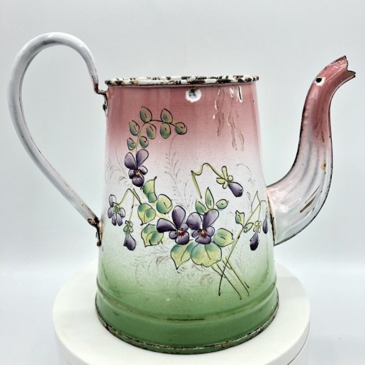 Old enamelled sheet coffee maker | Floral and butterfly decor | Enamel coffee maker
