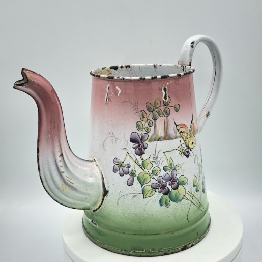 Old enamelled sheet coffee maker | Floral and butterfly decor | Enamel coffee maker