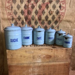 Old series of spices in enamelled sheet | light blue | 6 jars