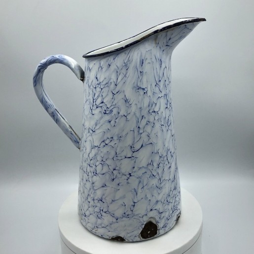 Old enamelled sheet pitcher | White and blue marbled