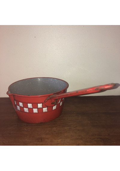 Ancien Faitout/casserole Lustucru En émail - Rouge Et Damier Blanc, état D'occasion