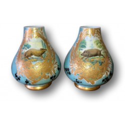 Pair of antique opaline vases | Blue and gold decor with fox and boar