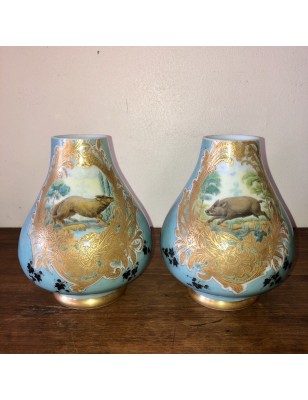 Pair of antique opaline vases | Blue and gold decor with fox and boar
