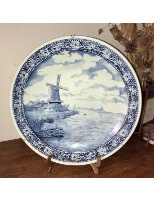 Très grand plat rond M R L BOCH DELFT'S | Décor de moulin en Camaïeu bleu