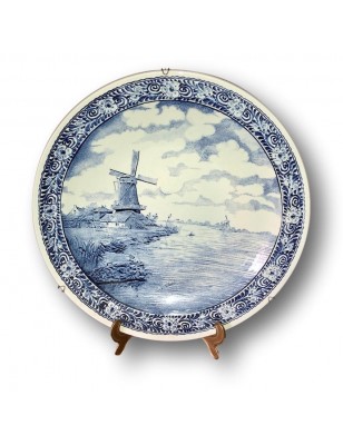 Très grand plat rond M R L BOCH DELFT'S | Décor de moulin en Camaïeu bleu