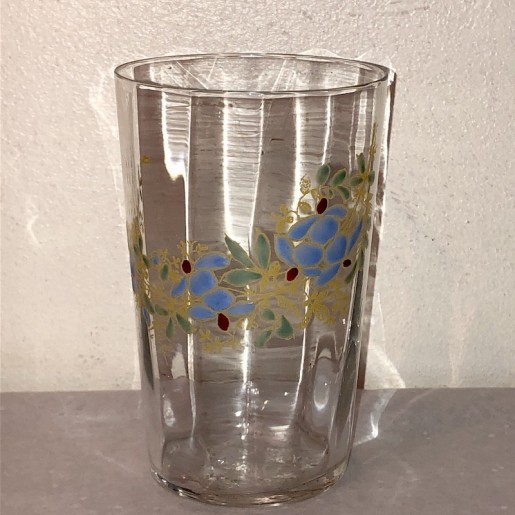 Old enamelled glass | Blue floral decor | Circa 1900