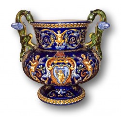 Old large Gien vase | Dragons handles | Blue Renaissance decor