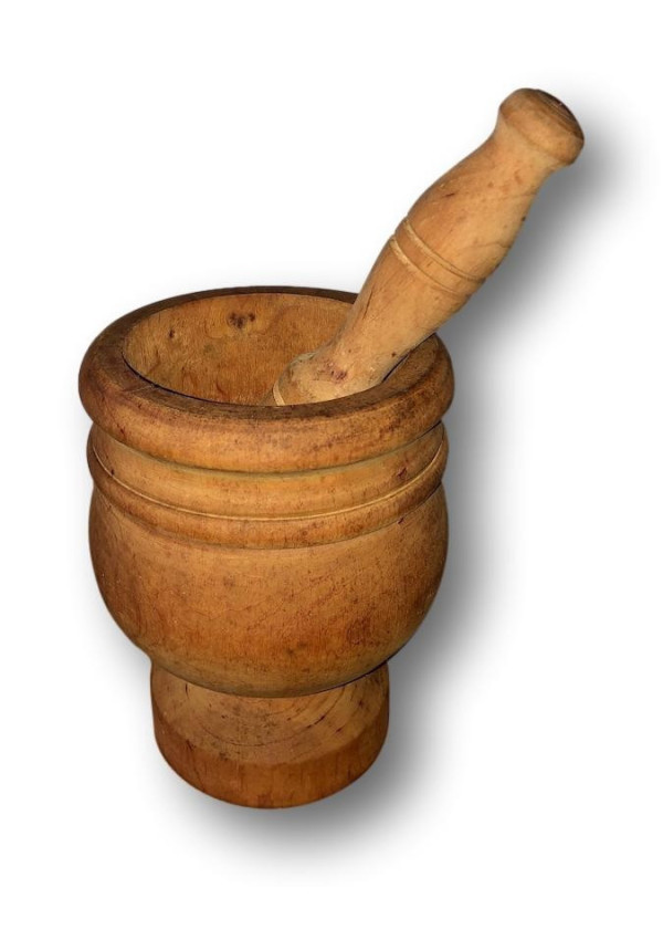 Large vintage wooden mortar with its pestle | Height 20.5cm
