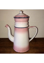 Ancienne cafetière en tôle émaillée rose et blanche