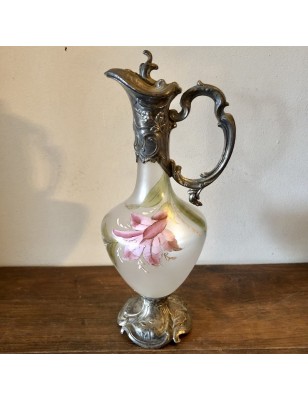 Ancienne aiguière en verre émaillé monture en régule