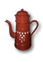 Ancienne cafetière en tôle émaillée marron et blanche