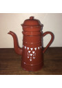 Ancienne cafetière en tôle émaillée marron et blanche