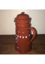 Ancienne cafetière en tôle émaillée marron et blanche