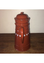 Ancienne cafetière en tôle émaillée marron et blanche