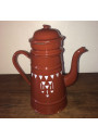 Ancienne cafetière en tôle émaillée marron et blanche