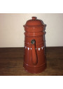 Ancienne cafetière en tôle émaillée marron et blanche