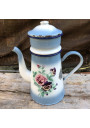 Ancienne cafetière en tôle émaillée bleue et blanche fleurie Japy