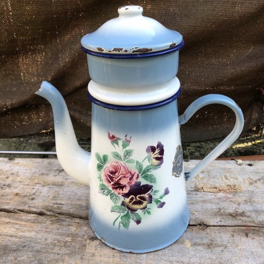 Old coffee pot in blue and white enamelled sheet metal with flowers Japy