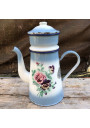 Ancienne cafetière en tôle émaillée bleue et blanche fleurie Japy
