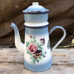 Old coffee pot in blue and white enamelled sheet metal with flowers Japy