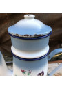 Ancienne cafetière en tôle émaillée bleue et blanche fleurie Japy