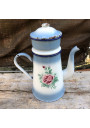 Ancienne cafetière en tôle émaillée bleue et blanche fleurie Japy