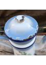 Ancienne cafetière en tôle émaillée bleue et blanche fleurie Japy