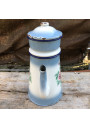 Ancienne cafetière en tôle émaillée bleue et blanche fleurie Japy
