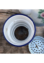 Ancienne cafetière en tôle émaillée bleue et blanche fleurie Japy