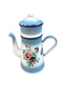 Ancienne cafetière en tôle émaillée bleue et blanche fleurie Japy