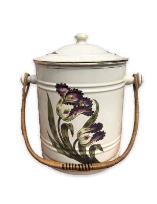 Ancien seau d'aisance ou à cendres en tôle émaillée décor floral