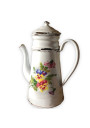 Old coffee maker in white enamelled sheet metal with floral decoration