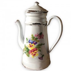 Old coffee maker in white enamelled sheet metal with floral decoration