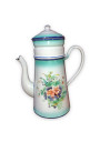 Ancienne cafetière en tôle émaillée | Blanche et verte décor floral