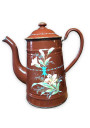 Ancienne cafetière en tôle émaillée marron décor floral en relief