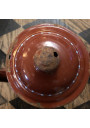 Old coffee maker in brown enamelled sheet metal with embossed floral decoration