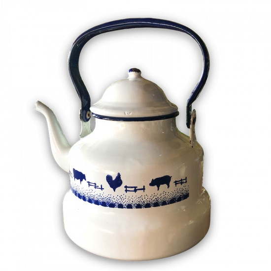Kettle in white and blue enamelled sheet metal, farmhouse decor