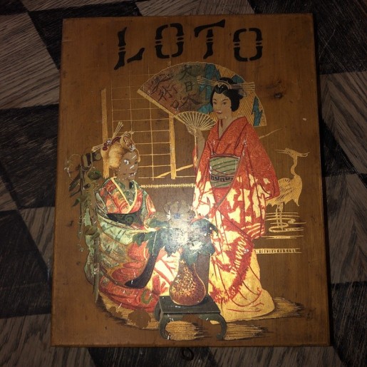 Old wooden lotto game box decorated with Geishas