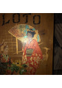 Ancienne boîte de jeu de loto en bois décorée de Geishas