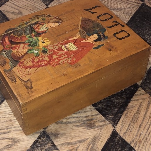 Old wooden lotto game box decorated with Geishas